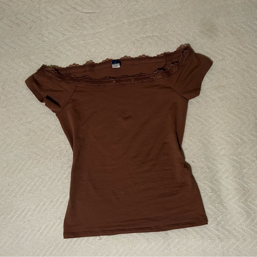 Old Navy Brown Lace Trim Off-Shoulder Top